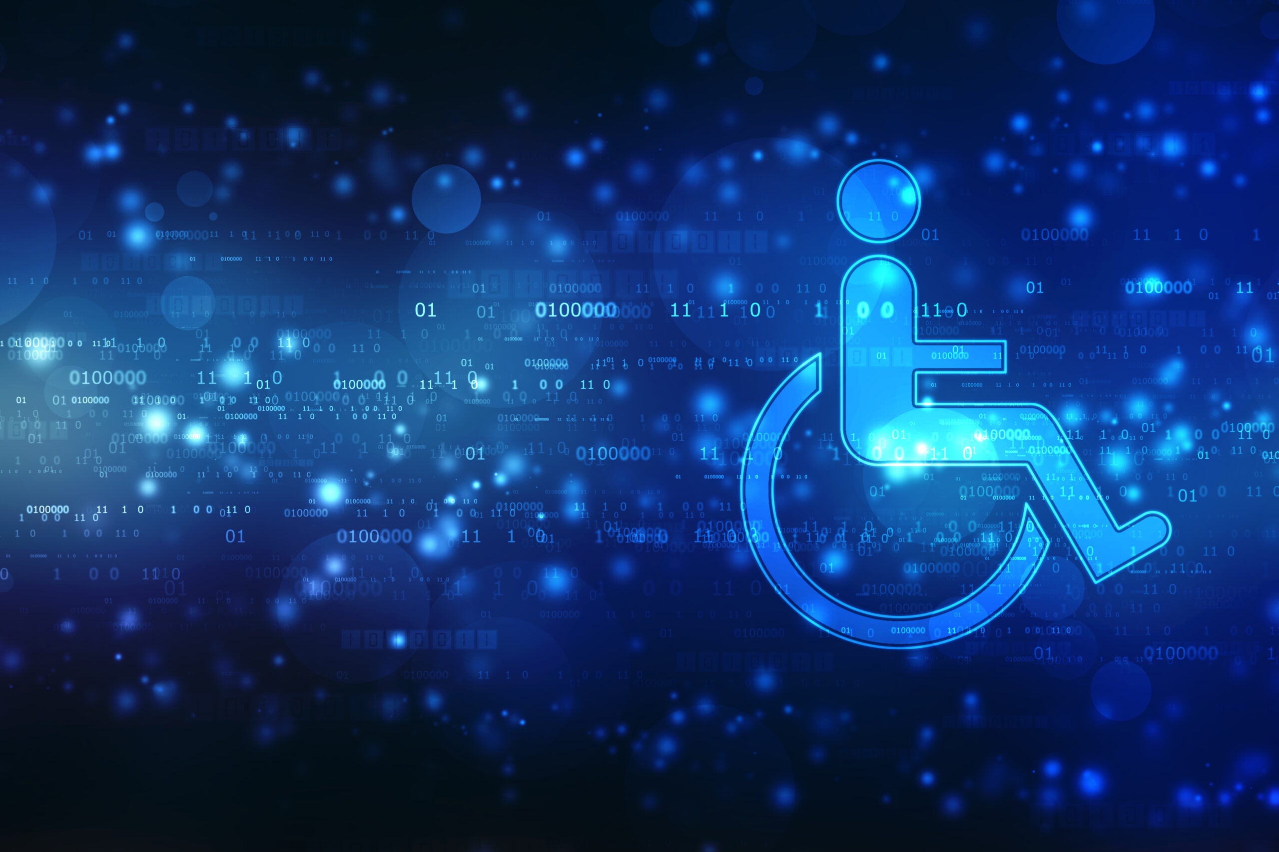 Accessibility icon with wheelchair and technology abstract background, Access in online internet website and technology applied to people with disabilities and handicap.